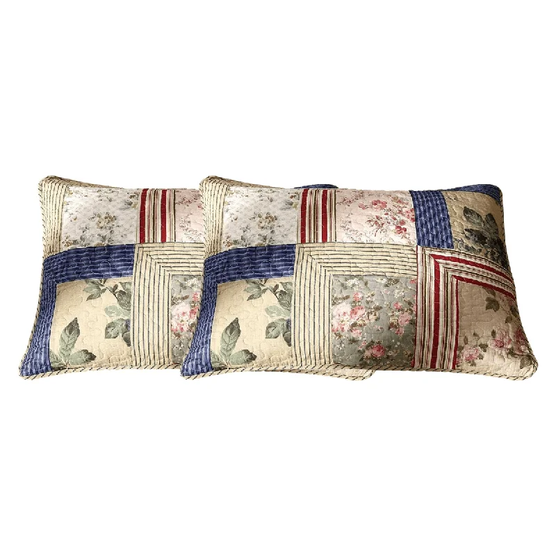 Tache Cotton Patchwork Striped Exotic Floral Beige Blue Japanese Garden Pillow Sham 2-Pieces (DXJ100076)