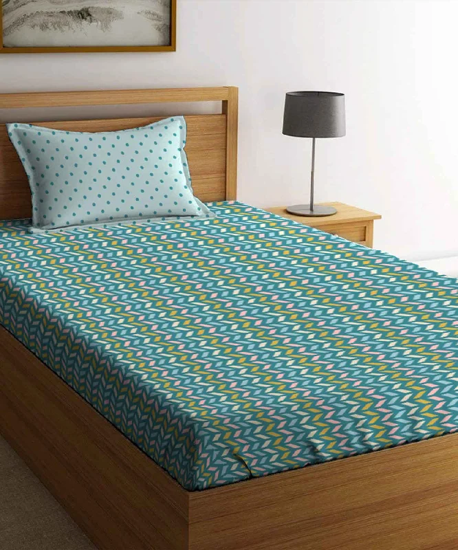 Urban Comfort Party Mood Teal Single Bedsheet With 1 Pillow Cover, 144TC, 100% Cotton, Geometric, Blue