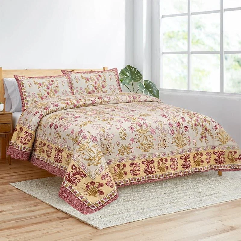 Rachna Floral Bedsheet - Beige & Ivory