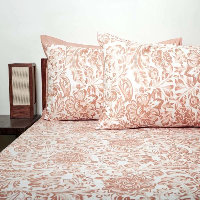 Micola Floral Printed Bedsheet - Peach