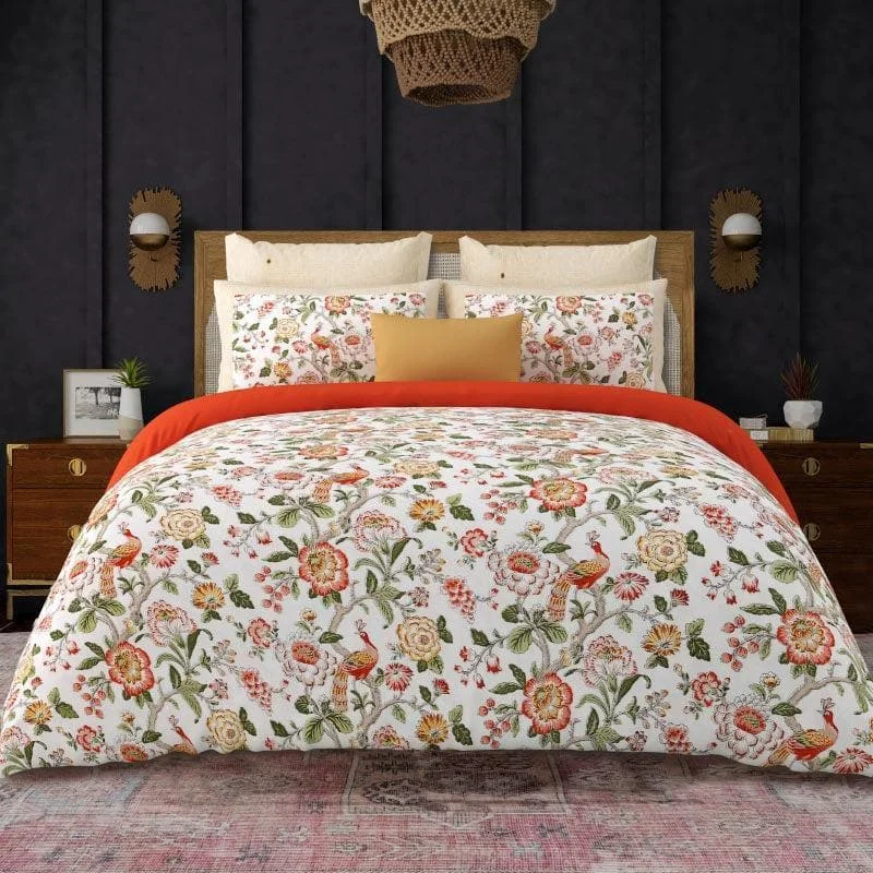 Feathered Petals Bedsheet - White & Coral