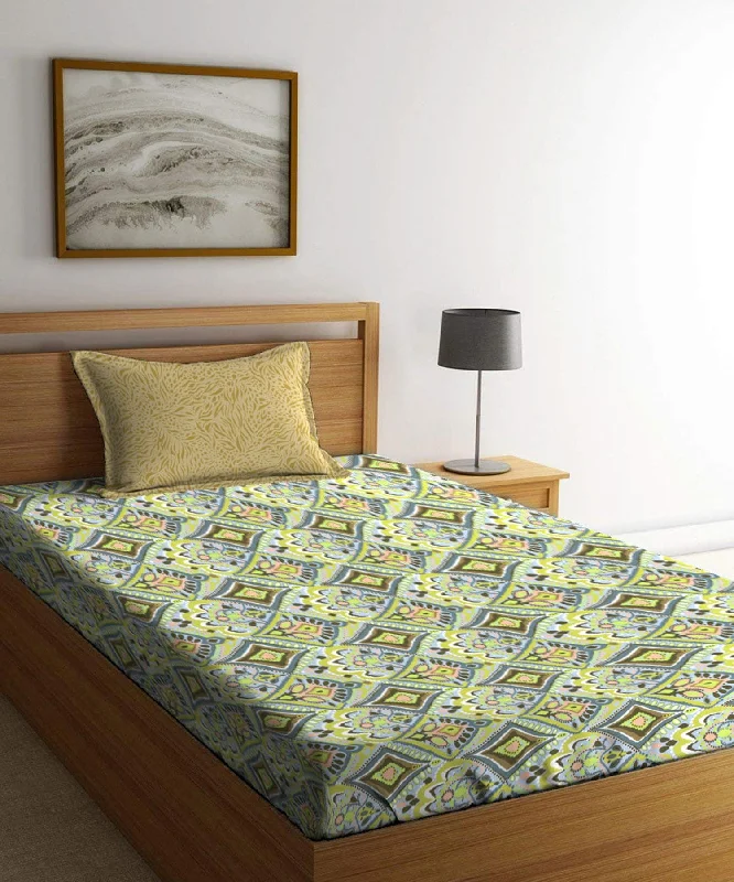 Dusk & Dawn Tune Yellow Single Bedsheet With 1 Pillow Cover 144Tc, 100% Cotton, Geometric, Yellow