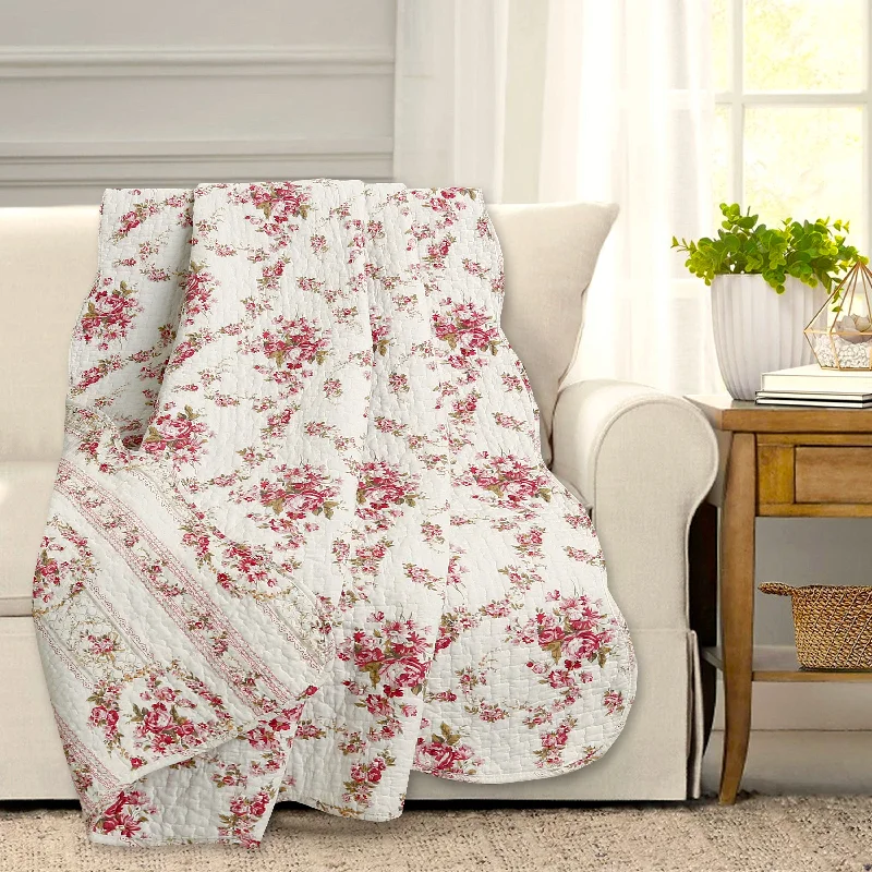 Shabby Chic Vintage Floral Rose Garden Scalloped Cotton Quilted Reversible Throw Blanket