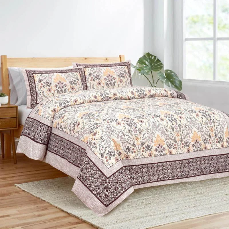 Mughal Jaali Printed Bedsheet - Purple & Beige