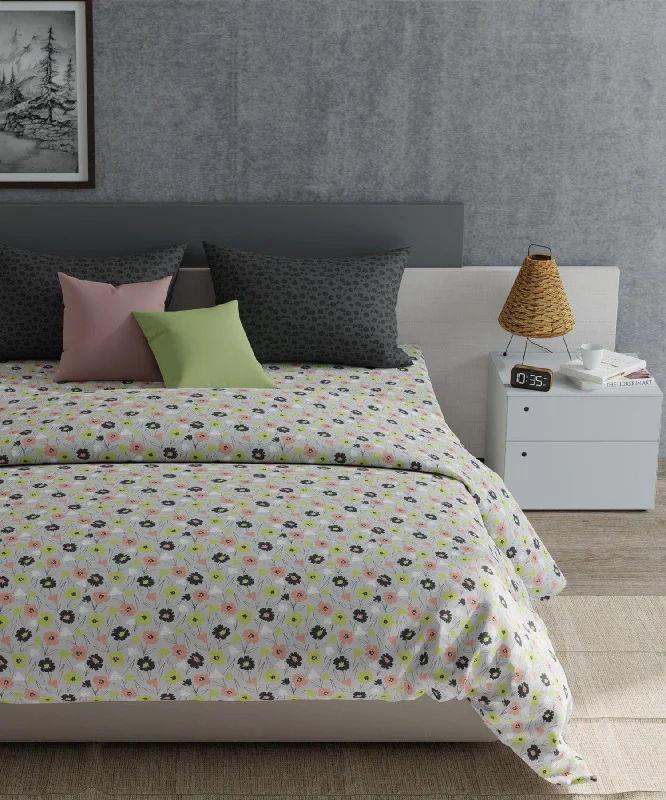 Everyday Daffodil Charcoal King Bedsheet With 2 Pillow Cover, 120 Tc, 100% Cotton, Floral, Grey