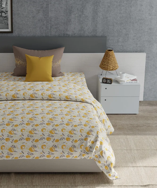 Everyday Hyacinth Yellow Queen Bedsheet With 2 Pillow Cover, 120 TC, 100% Cotton, Floral, Yellow