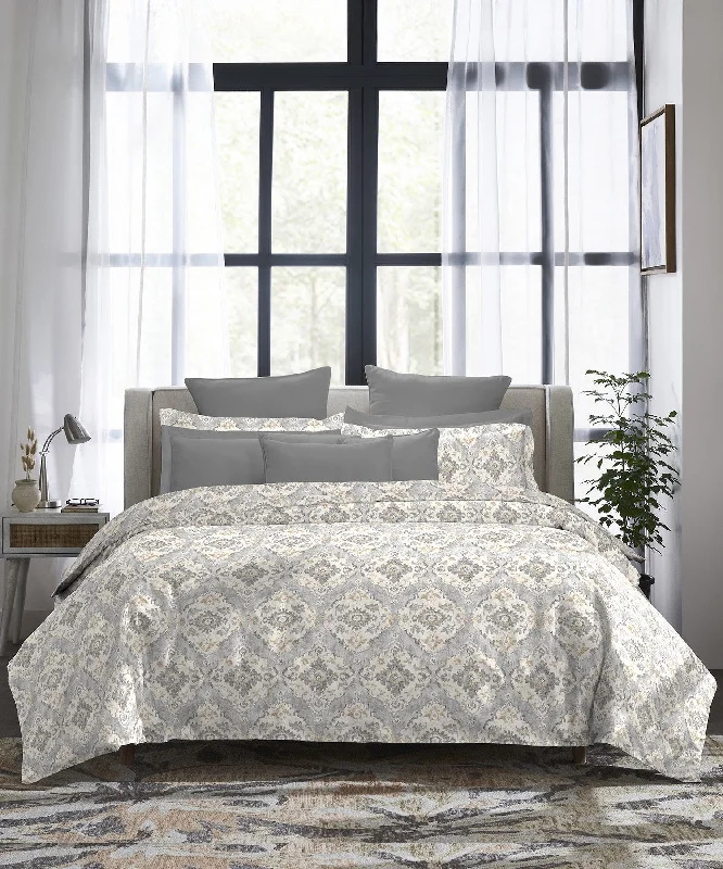 Indulgence Printed King Bedsheet, 300 TC, 100% Cotton- Yazdan Grey