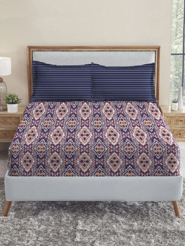 Urban Comfort Modern Indigo Queen Bedsheet With 2 Pillow Cover, 144TC, 100% Cotton, Geometric, Blue