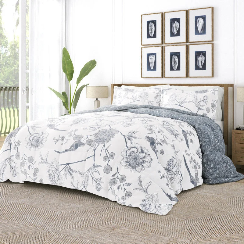 Molly Botanicals Light Blue Reversible Pattern Comforter Set Down-Alternative Ultra Soft Microfiber Bedding, Full/Queen