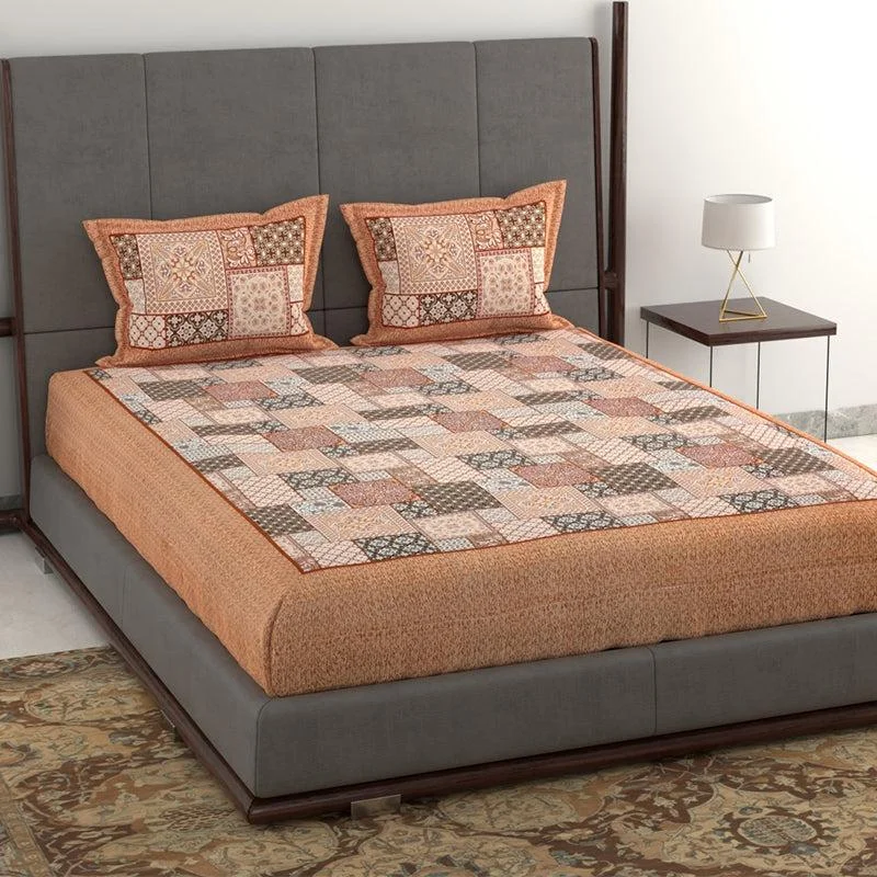 Priti Patchwork Printed Bedsheet - Brown