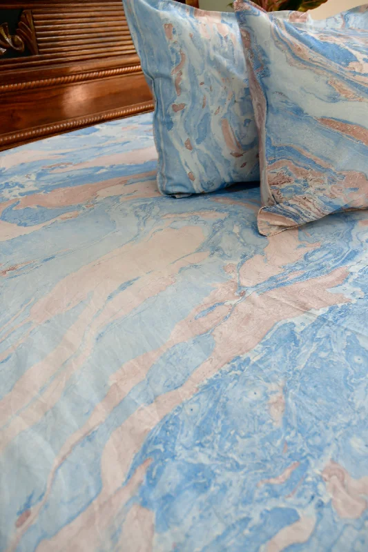 Pink Blue Marble Bedsheet:  Hand Block Print, Jaipur, Premium Cotton