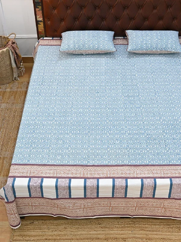 SPIRAL SEA BLUE  COTTON BLOCK PRINTED DOUBLE BEDSHEET WITH PILLOW