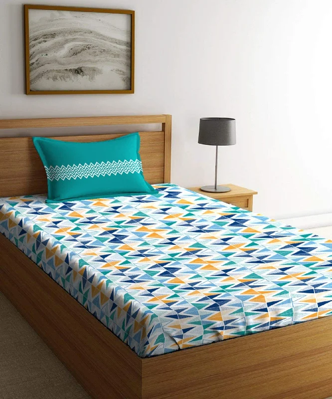 Urban Comfort Trippy Triangles Blue Single Bedsheet With 1 Pillow Cover, 144TC, 100% Cotton, Blue