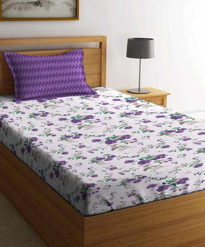 Urban Comfort Sunset Purple Single Bedsheet With 1 Pillow Cover, 144TC, 100% Cotton, Floral, Purple