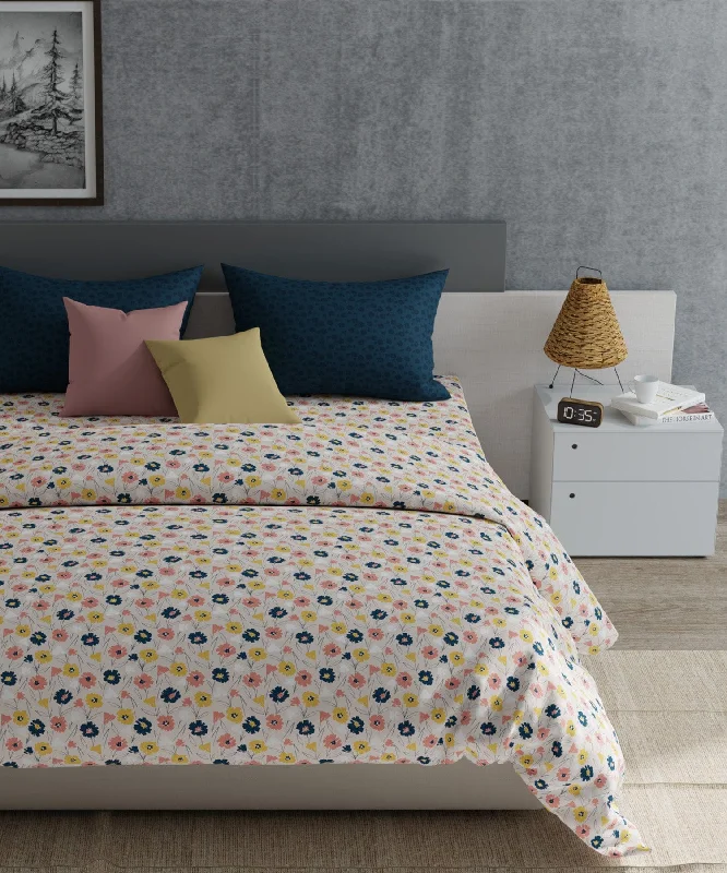 Everyday Daffodil Blue King Bedsheet With 2 Pillow Cover, 120 Tc, 100% Cotton, Floral