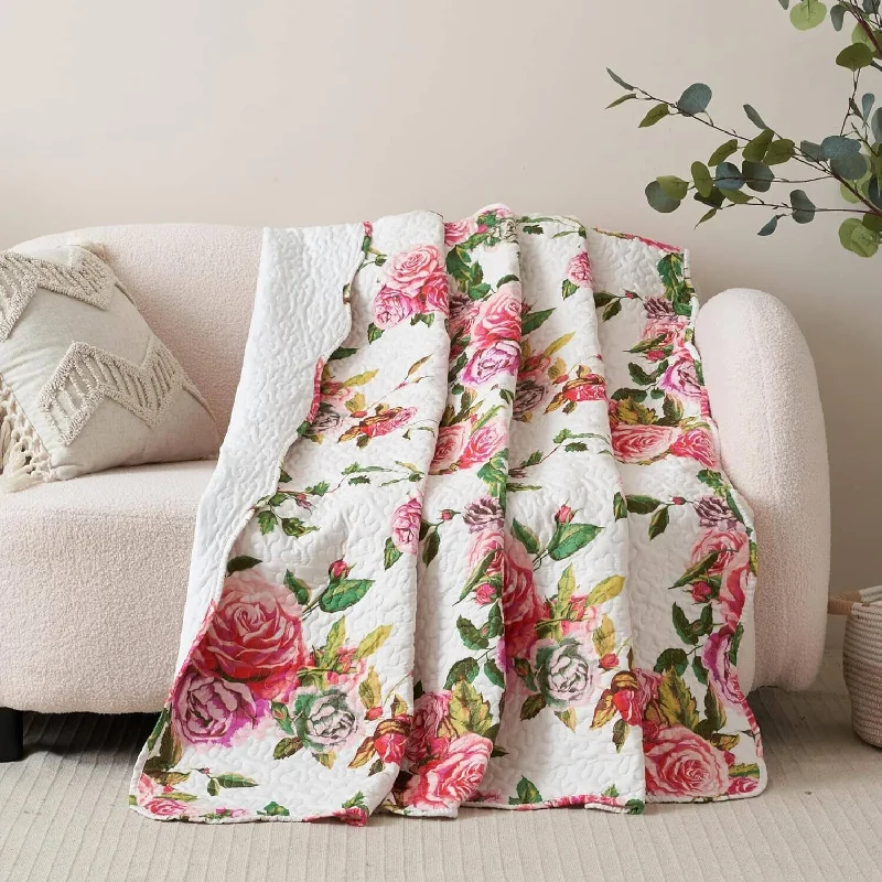 DaDa Bedding Romantic Roses Floral Throw Blanket - Lovely Spring Pink & White Scalloped Colorful Lightweight Breathable - Bright Vibrant Quilted Throw Blanket - 50 x 60