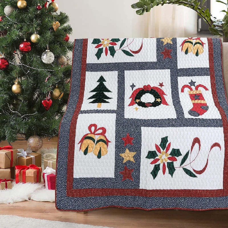 Happy Christmas Cotton Quilted Reversible Throw Blanket