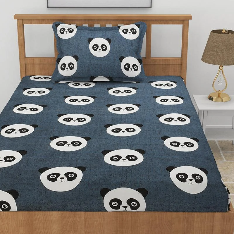 Panda Polka Kids Bedsheet - Dark Grey