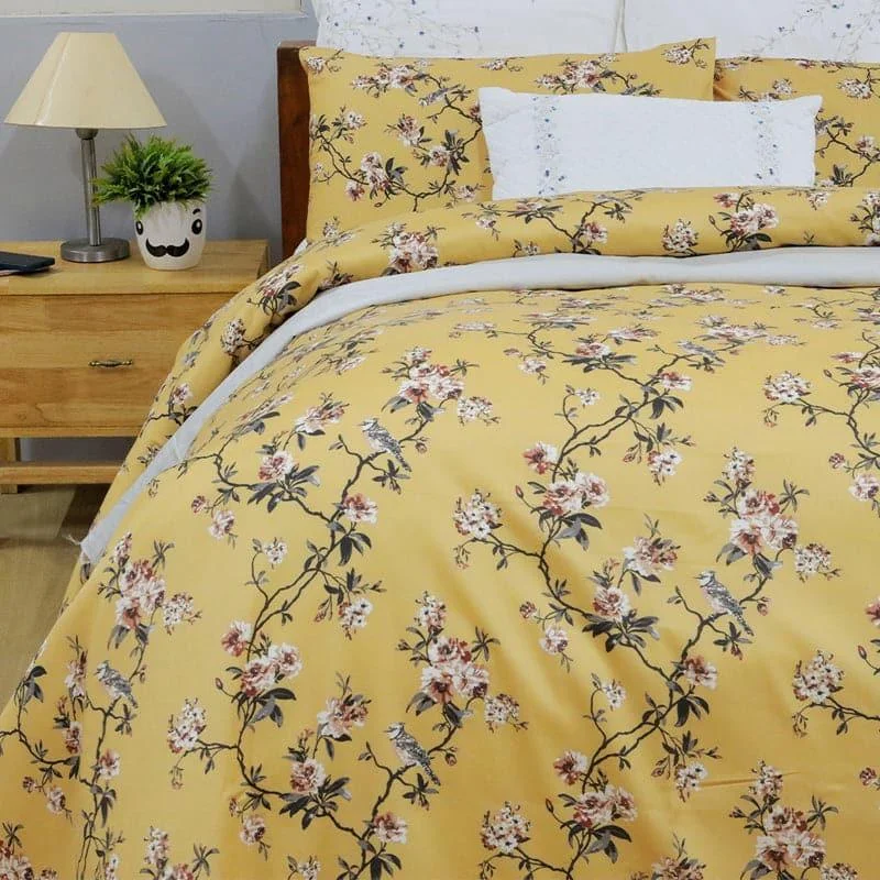 Cherry Blossom Floral Bedsheet - Mustard Yellow