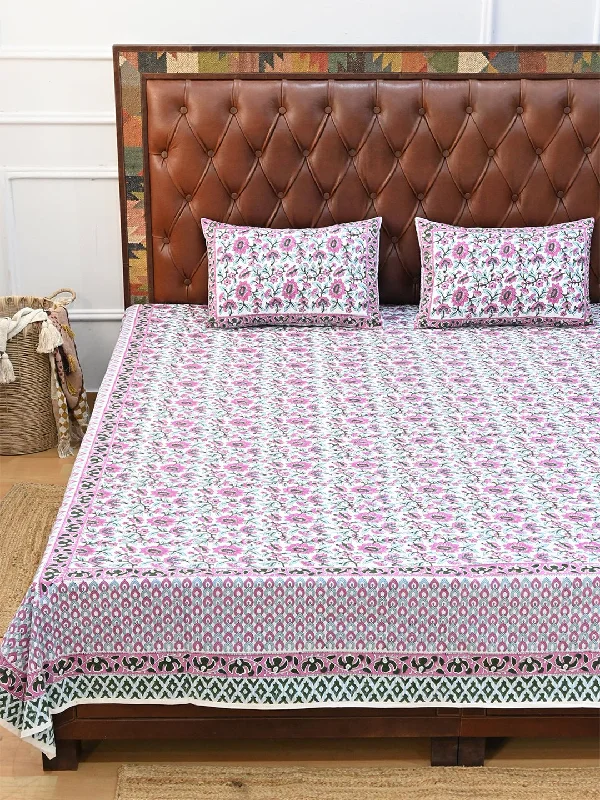 GULMARG PINK COTTON PRINTED DOUBLE BEDSHEET WITH PILLOW