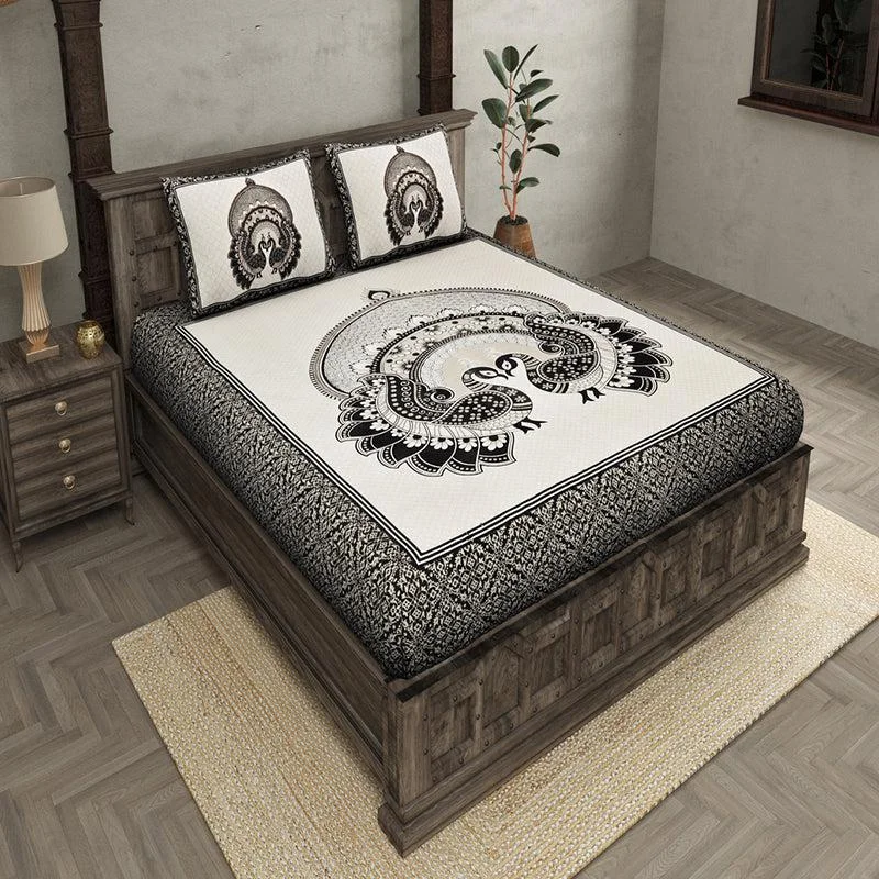 Mayura Ethnic Bedsheet - White,Black