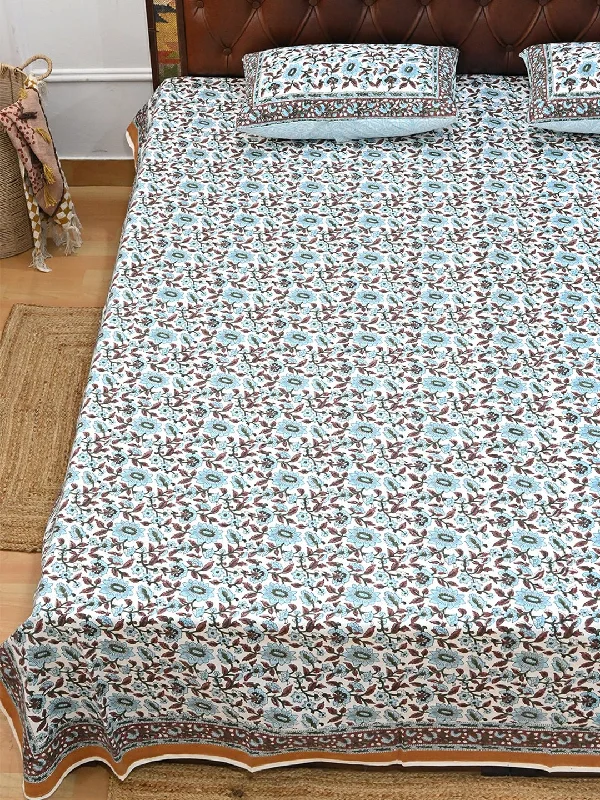 TROPICANA BLUE COTTON BLOCK PRINTED DOUBLE BEDSHEET WITH PILLOW