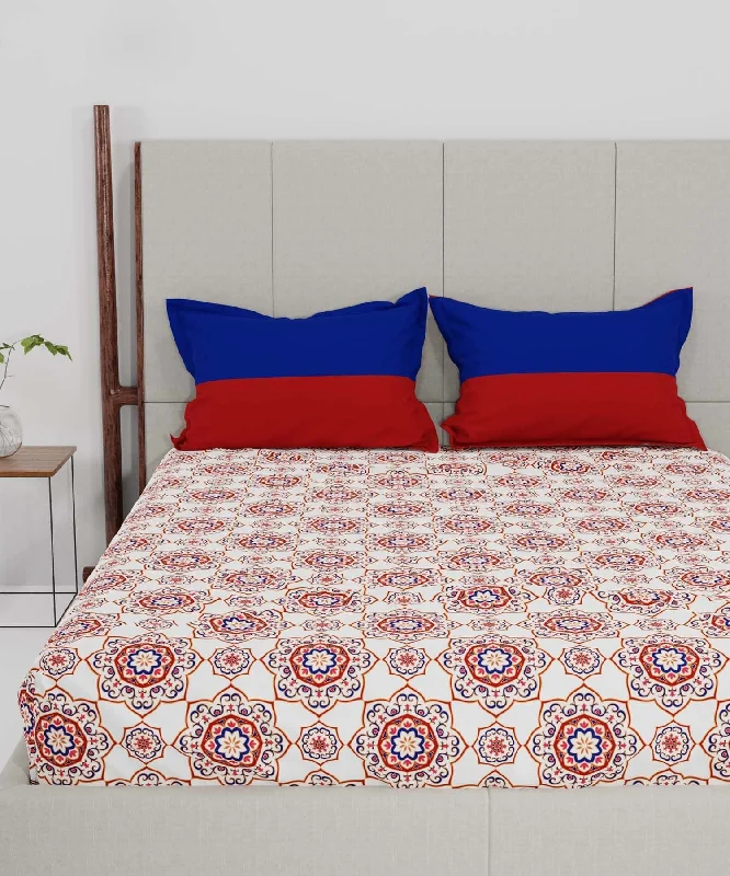 Urban Majestic Mandala Red Queen Bedsheet With 2 Pillow Cover, 144TC, 100% Cotton, Geometric, Red