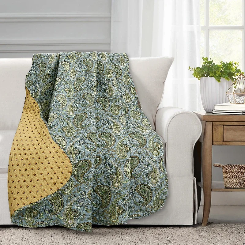 Green Blue Persian Paisley Scalloped Cotton Reversible Quilted Throw Blanket