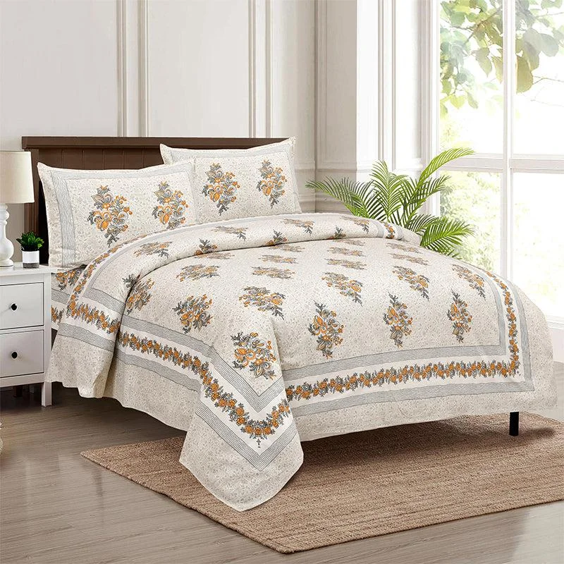 Gaja Floral Bedsheet - Ivory & Orange