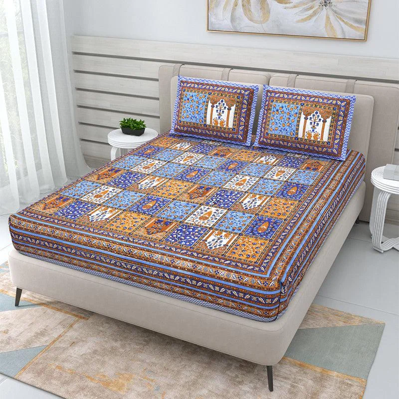 Naama Ethnic Bedsheet - Blue & Yellow