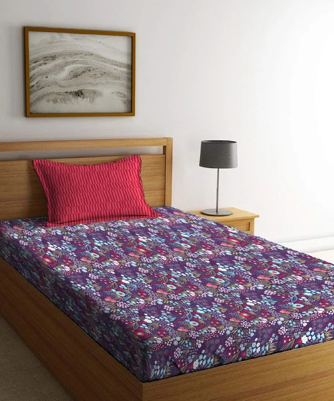 Dusk & Dawn Pop Garden Purple Single Bedsheet With 1 Pillow Cover 144Tc, 100% Cotton, Abstract, Purple