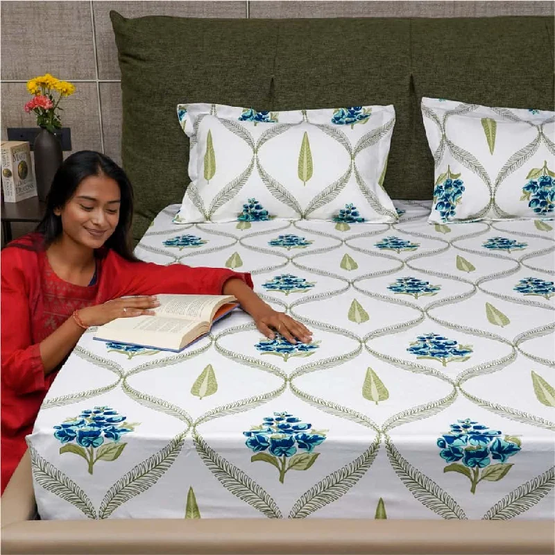 Fitted King Size Cotton Bedsheet - Floral Moroccan - Blue