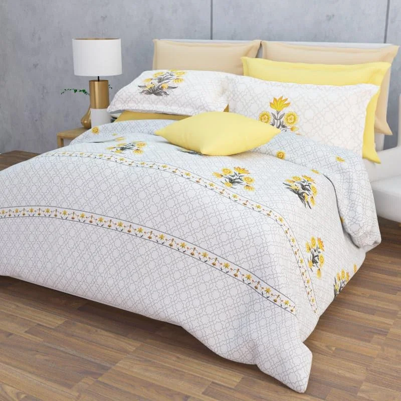 Neja Ethnic Floral Bedsheet - White & Yellow