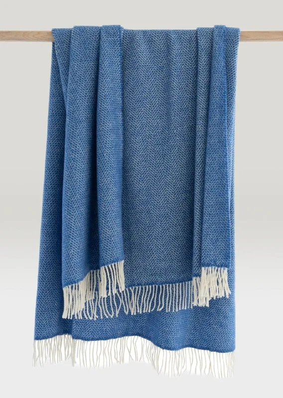 Merino Wool Cashmere Throw Sea Blues Herringbone