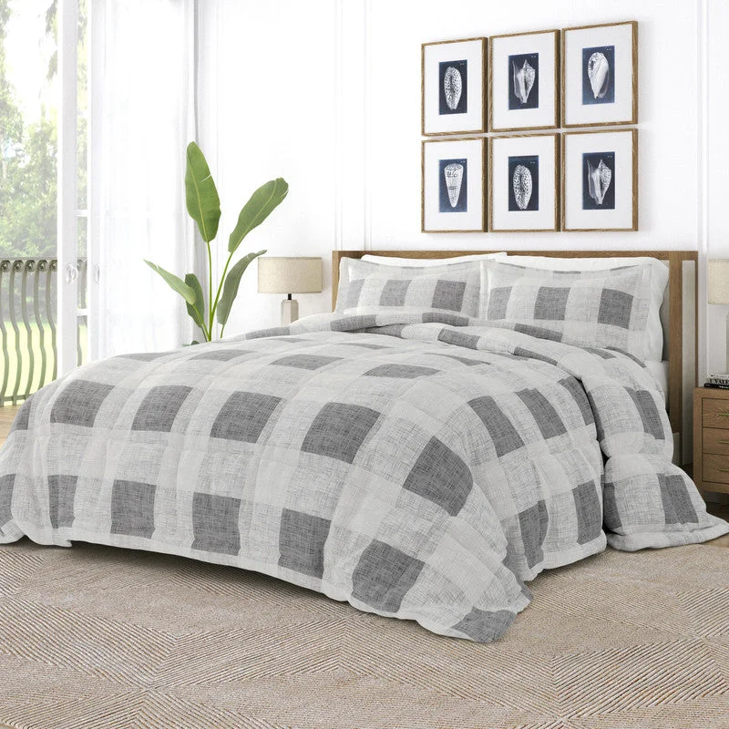 Gingham Gray Pattern Comforter Set Down-Alternative Ultra Soft Microfiber Bedding, King/Cal-King