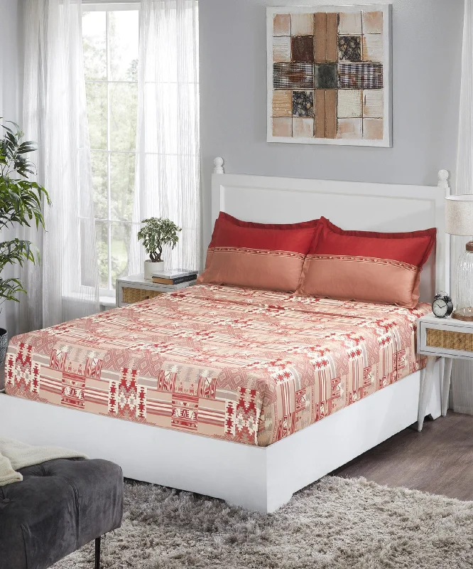 Classic Killim Red King Bedsheet With 2 Pillow Cover, 210TC, 100% Cotton, Printed, Red