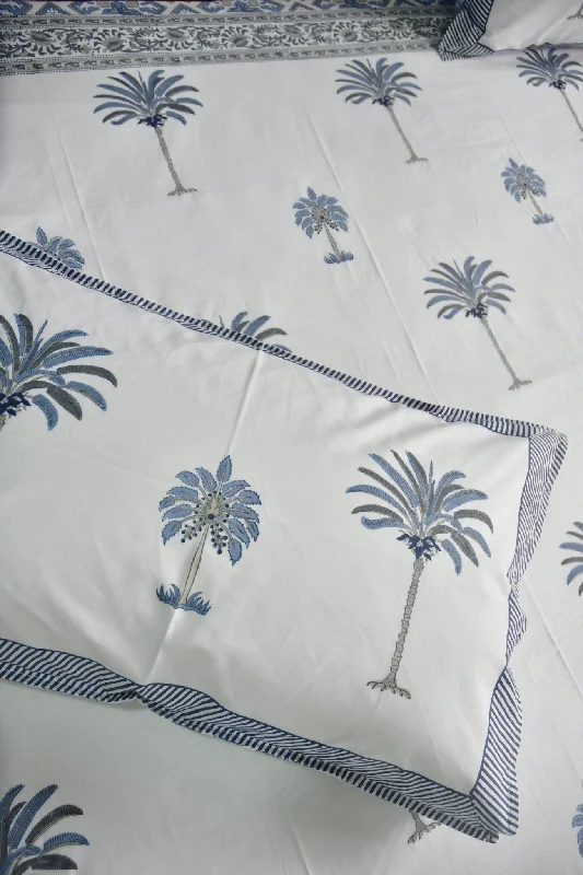 Classic Blue Palm Tree Premium  HandBlock  Bedsheet