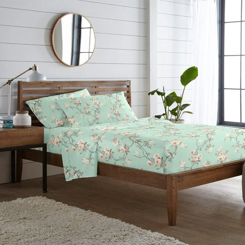 Cherry Blossom Floral Bedsheet - Green