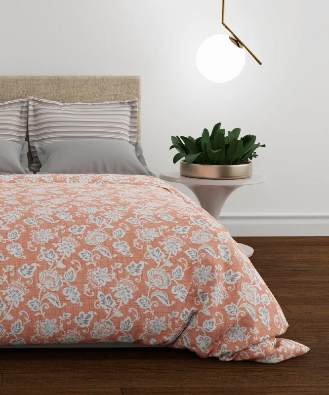 Utsav Carol Coral Queen Bedsheet With 2 Pillow Cover, 120TC, 100% Cotton, Floral, Orange