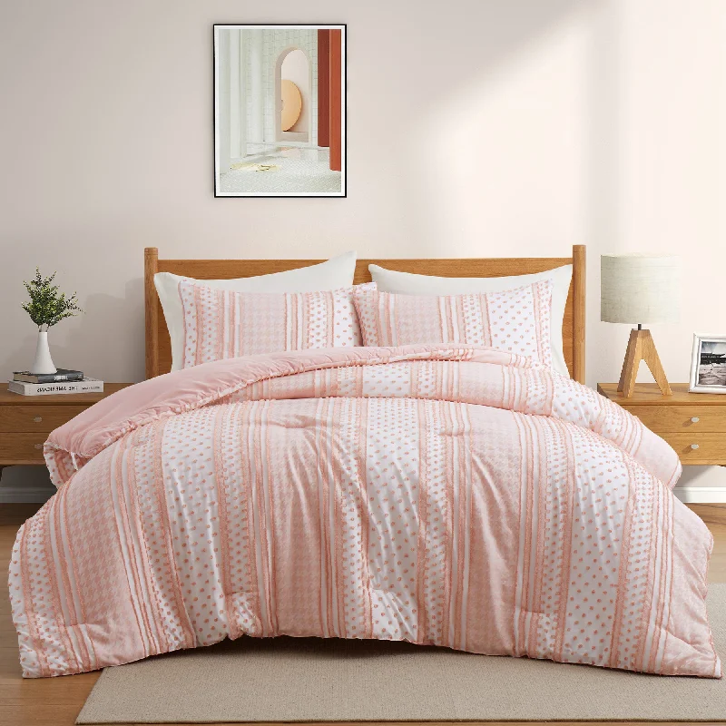 Peace Nest Year-Round Warmth Clipped Comforter Set Soft Microfiber Pink Houndstooth Dots