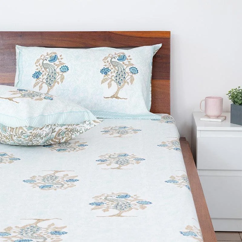 Mayoor Ethnic Bedsheet - Light Blue