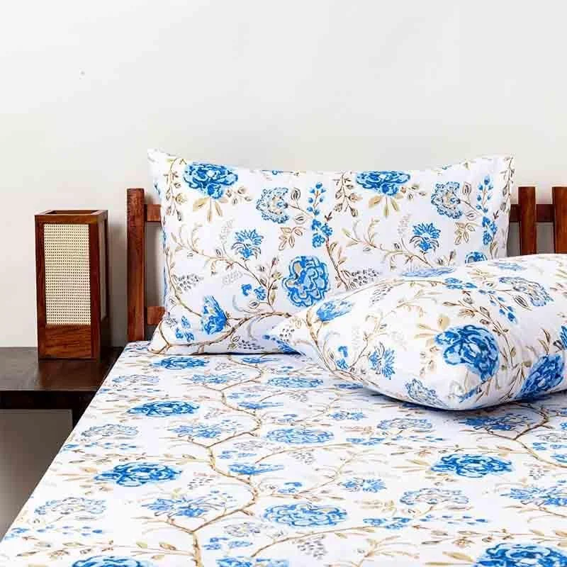 Blossomed Crossways Bedsheet - Blue