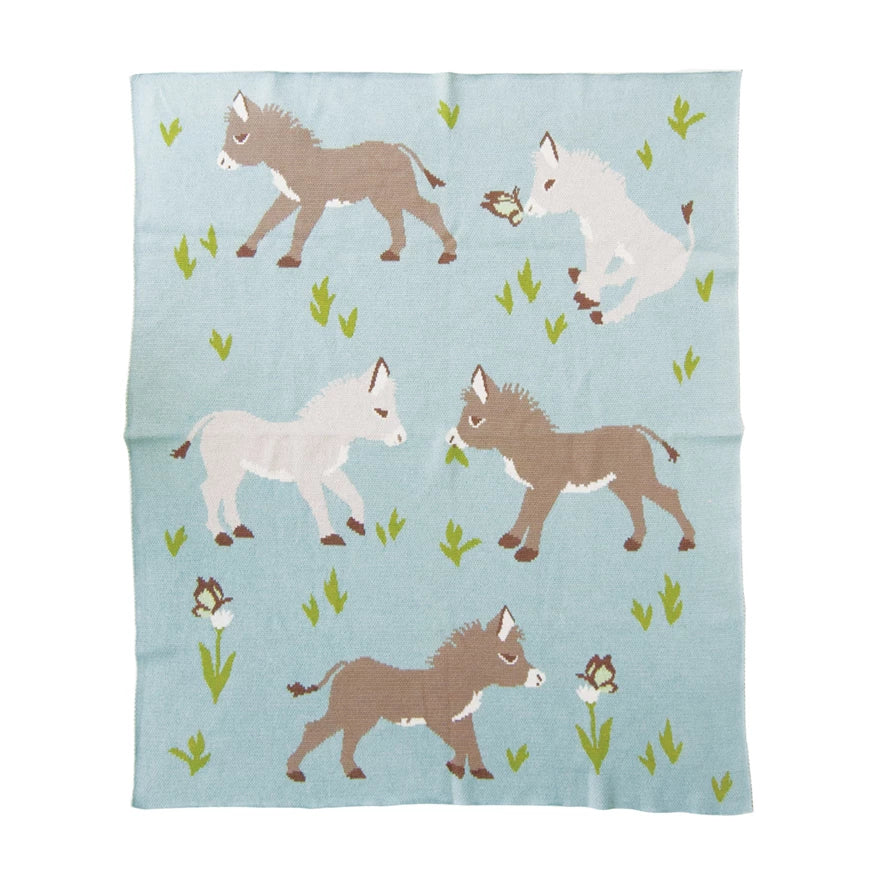 Cotton Knit Baby Blanket w/ Donkeys & Flowers