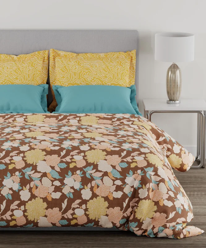 Home Essential Ella Brown Single Bedsheet With 1 Pillow Cover, 144Tc, 100% Cotton, Floral, Multi Colour