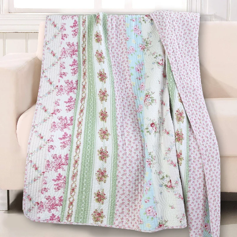 Wild Rose Enchantment Floral Bloom Garden Stripe Quilted Reversible Throw Blanket