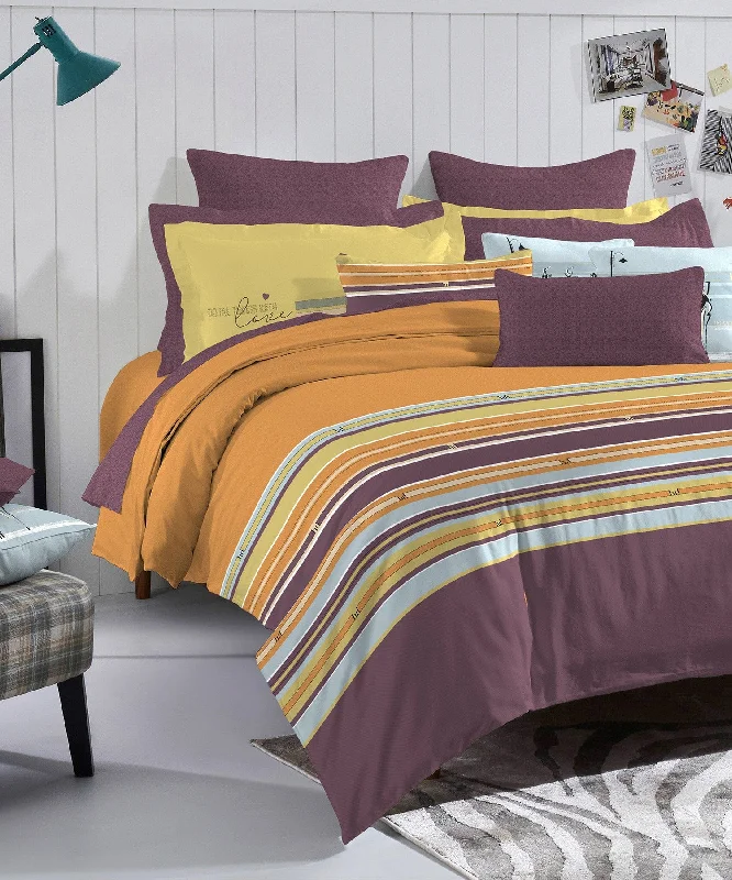 His & Her House Of Love King Bedsheet With 2 Pillow Cover, 2 Cushion Covers, 144TC, 100% Cotton, Geometric, Orange