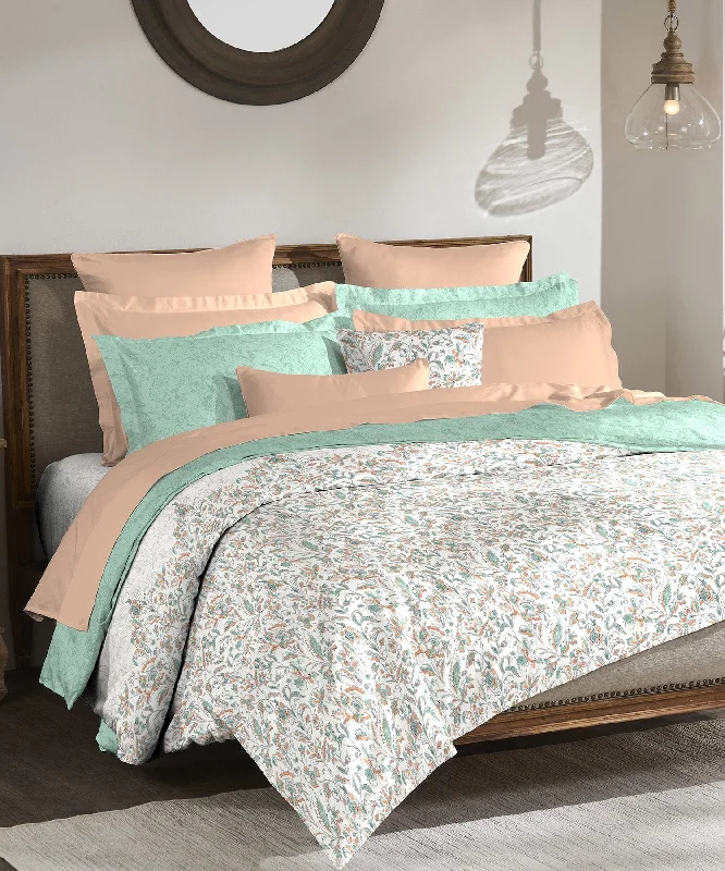 Classic Aster Sage King Bedsheet With 2 Pillow Cover, 210Tc, 100% Cotton, Floral, Orange