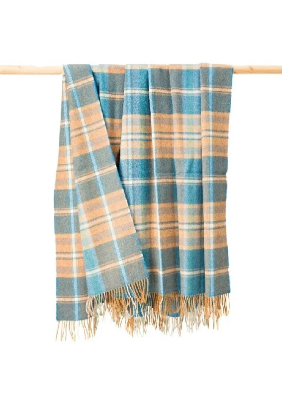 John Hanly Large Lambswool Throw Blue Orange Plaid