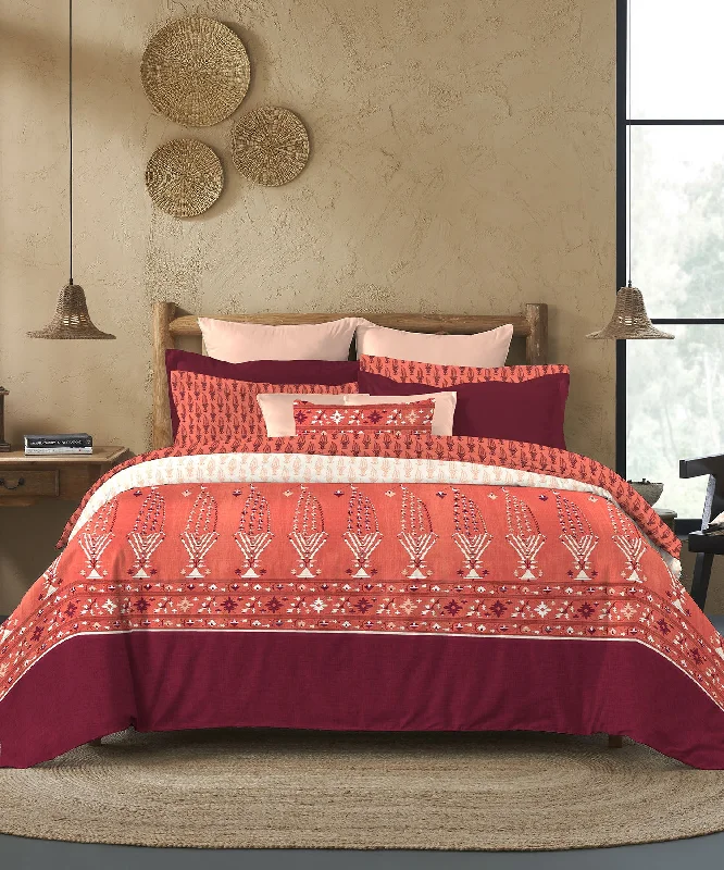 Sanskriti Paithani Red King Bedsheet With 2 Pillow Cover, 144Tc, 100% Cotton, Floral, Red