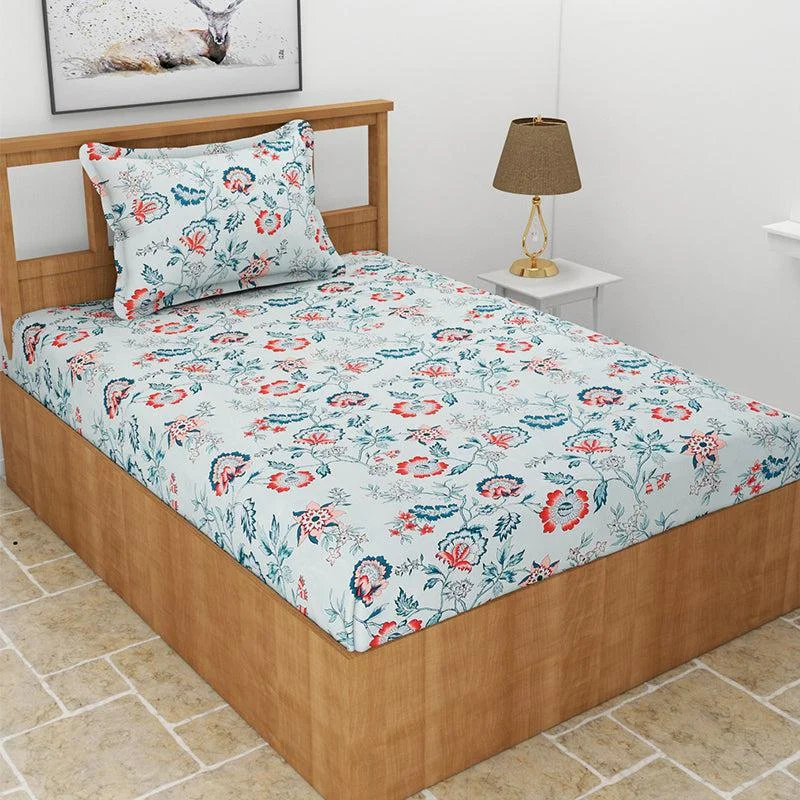 Poppy Floral Bedsheet - White & Blue